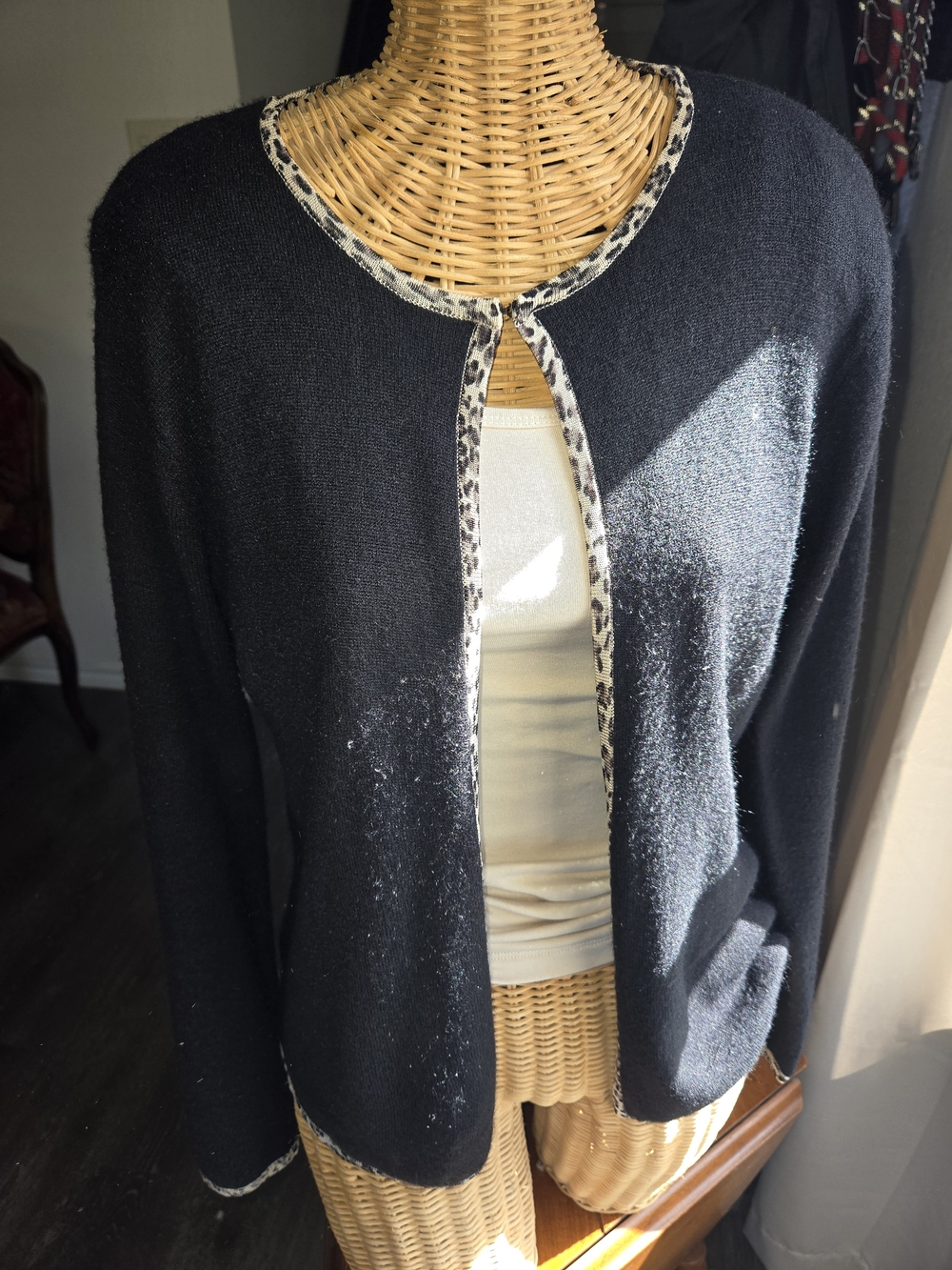 Casual Corner Black Cardigan with Leopard-Trim